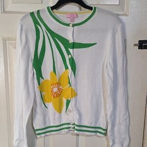 Lilly Pulitzer White Cardigan with Yellow Floral Design